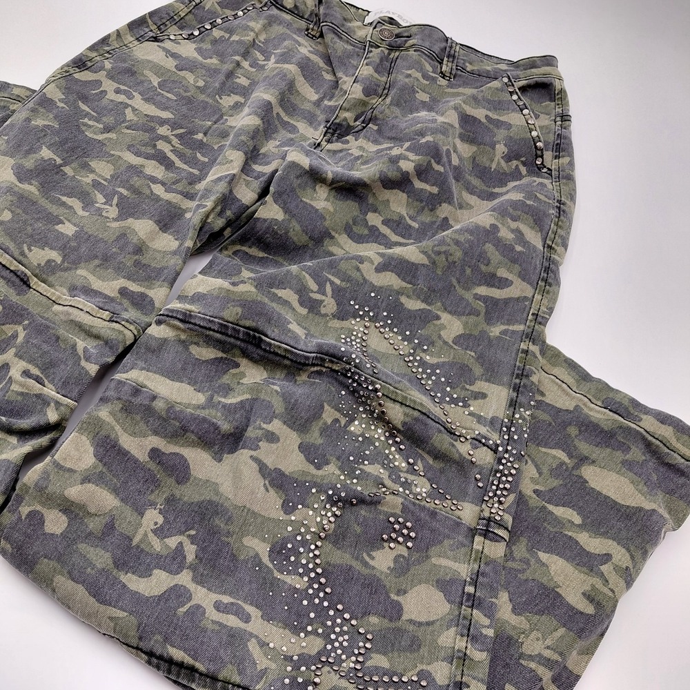 Y2K Playboy Camo Pants Womens Jrs 7 Rhinestone Studded Bunny Wide Leg Mall Vtg‎